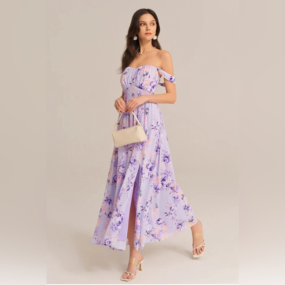 Front Slit Off Shoulder Elastic Waist Flared Dress
